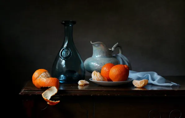 Glass, table, bottle, towel, pitcher, fruit, still life, saucer