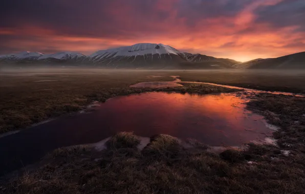 The sky, grass, sunset, mountains, lake