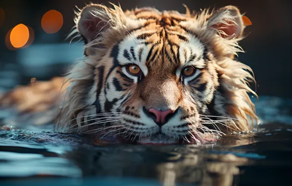 Water, Look, Tiger, Face, Predator, Front, Digital art, Big cat