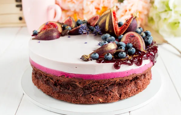 Blueberries, cake, decoration, cream, dessert, wood, jam, souffle