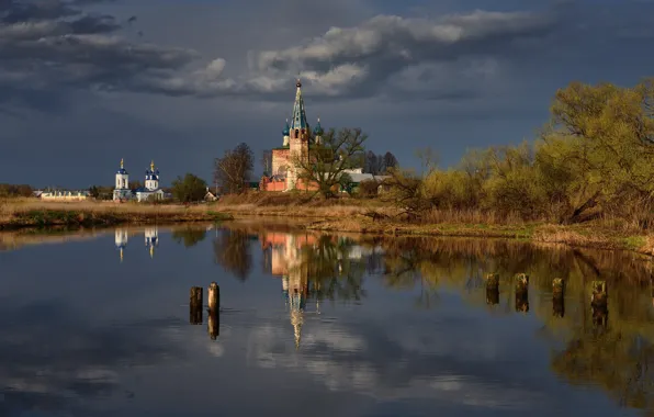 Autumn, trees, shore, spring, Church, temple, Russia, pond