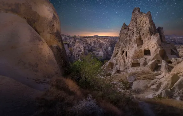 The sky, landscape, night, nature, rocks, stars, Turkey, Cappadocia