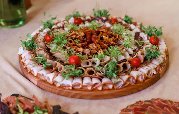 Greens, table, mushrooms, meat, tomatoes, a lot, stand, tray