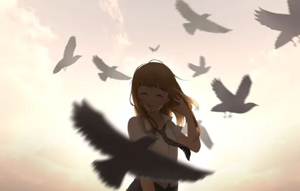 Picture the sky, girl, clouds, sunset, birds, smile, anime, art