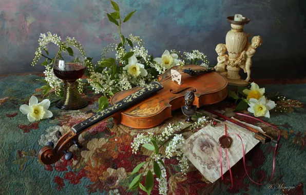 Flowers, style, violin, glass, still life, candle holder, daffodils, cherry