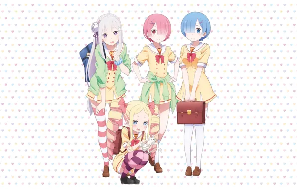 Anime, art, Emilia, Ram, Beatrice, Rem, Puck, Re: Zero kara hajime chip isek or Seikatsu