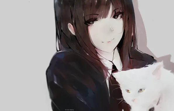 Face, schoolgirl, grey background, long hair, art, bangs, white kitten, Aoi Ogata