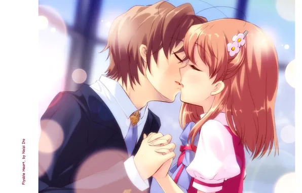 Kiss, hands, two, art, students, closed eyes, visual novel, noizi ito