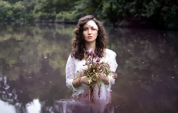 Girl, flowers, lake, mood