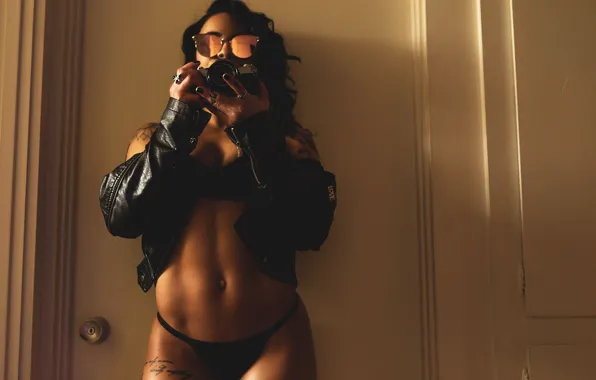 Girl, face, linen, figure, glasses, jacket, the camera, tattoo