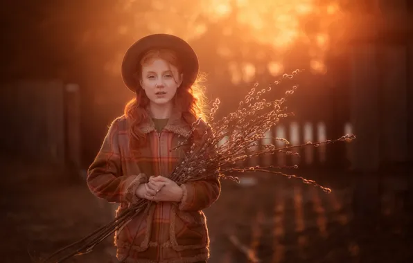 Girl, the sun, light, branches, fog, bouquet, spring, hat