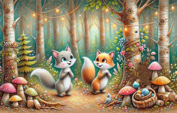 Forest, cat, trees, patterns, glade, mushrooms, styling, animals