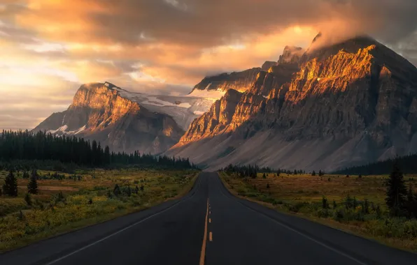 Picture grass, road, sky, trees, landscape, nature, mountains, clouds