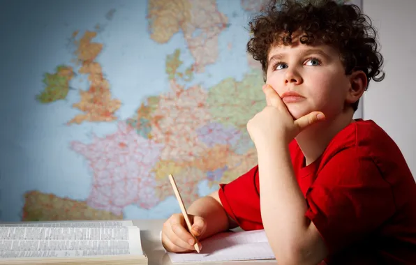 Picture look, map, boy, book, school, thinks