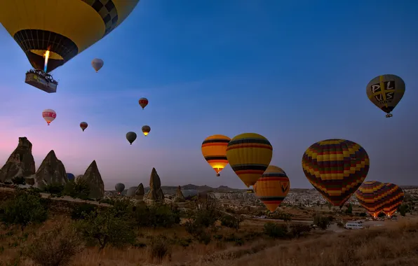 The sky, mountains, lights, balloons, blue, rocks, twilight, ballooning