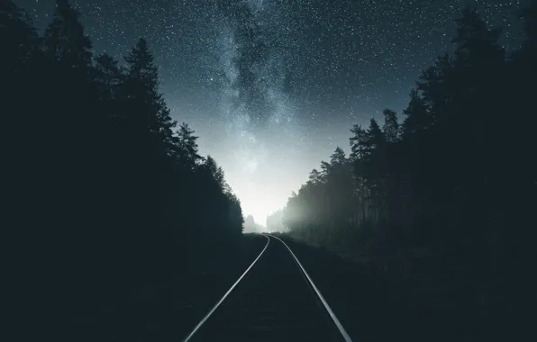 Road, forest, the sky, stars, night, iron, the milky way