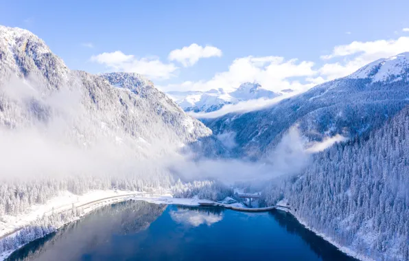 Picture winter, snow, trees, landscape, mountains, river, tree, forest