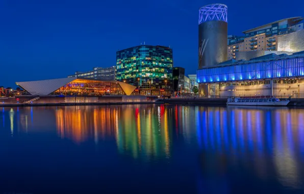 Night, lights, river, England, building, home, promenade, Manchester