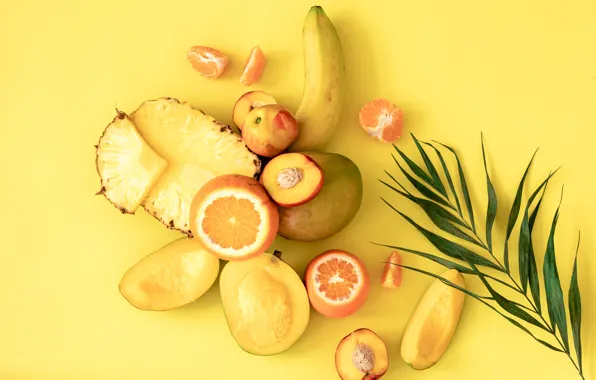 Leaves, oranges, branch, mango, pineapple, banana, peaches, yellow background