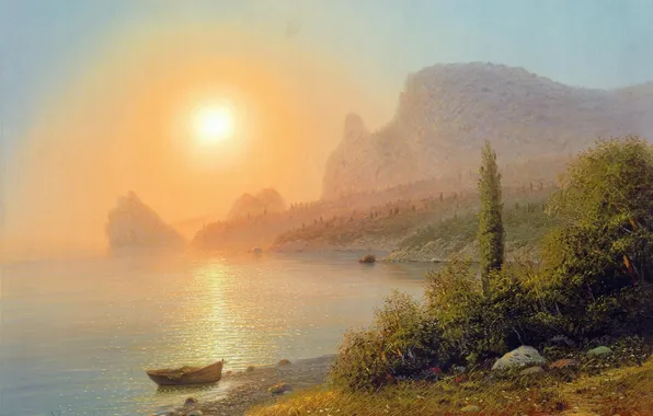 The sun, landscape, mountains, shore, boat, Alexander Goryachev, Yalta seascape