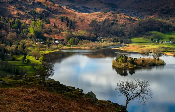 Trees, mountains, lake, island, home, slope