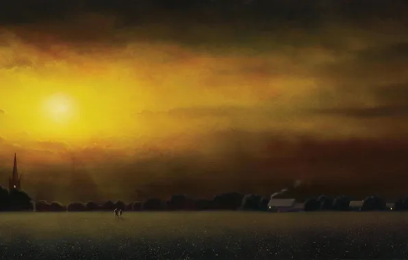 Field, light, trees, night, picture, art, house, two