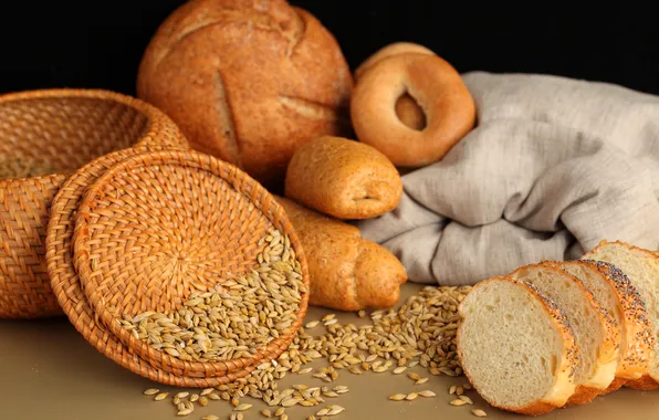 Basket, grain, bread, bagels, cakes, buns