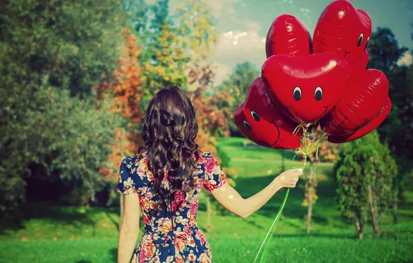 Picture leaves, girl, trees, red, background, tree, balls, Wallpaper