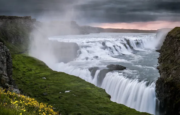 Greens, flowers, nature, river, rocks, waterfall, haze