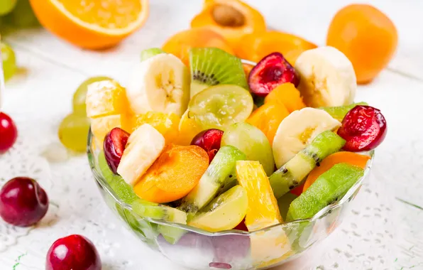 Orange, kiwi, grapes, cherry, apricots, salad