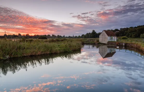 Sunset, lake, house, reflection, the evening