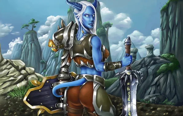 Look, girl, mountains, sword, armor, World of Warcraft, Wow, Draenei