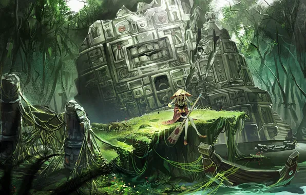 Picture boat, jungle, ladder, girl, the ruins, river, priestess, hunter