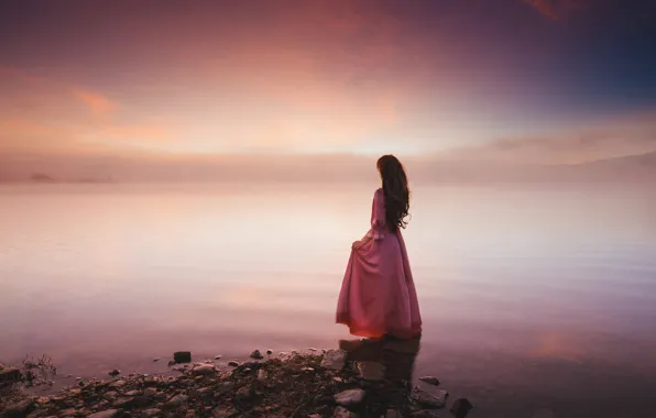 The sky, girl, clouds, nature, pose, fog, lake, stones