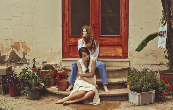 Flowers, reverie, house, girls, door, steps, sitting