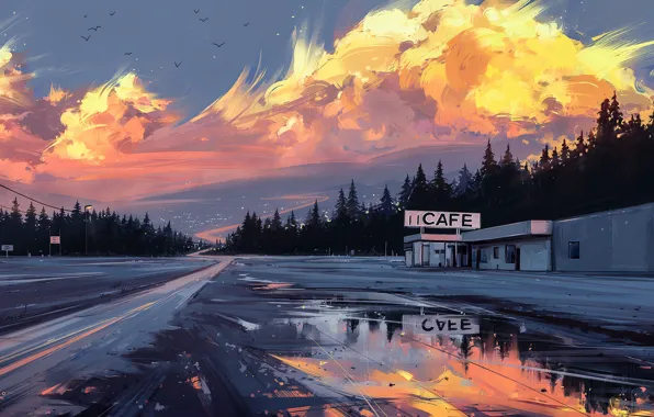Road, sunset, figure, art, Horizon, landscape, art, cafe