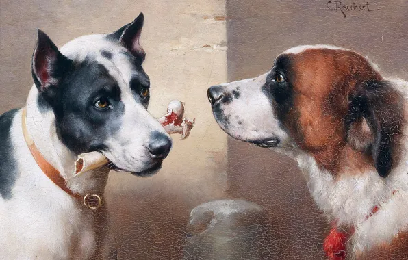 Picture, Dogs, Two, Bone, Carl Reichert, Carl Reichert, Austrian artist, The prize is in danger