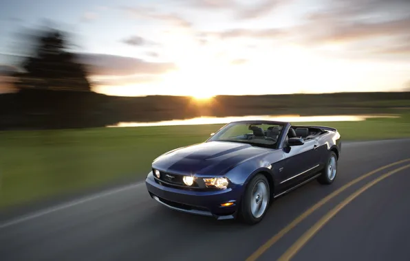 Road, sunset, Mustang gt, speed convertible