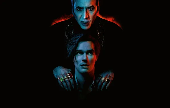 Nicolas Cage, black background, poster, horror, Comedy, Nicolas Cage, Dracula, Nicholas Hoult