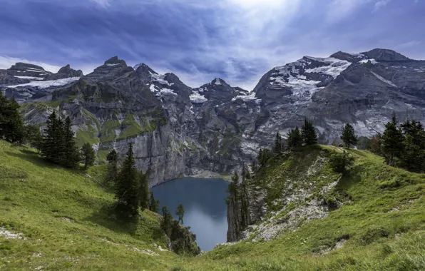 Picture mountains, lake, Switzerland, Switzerland, Bernese Oberland, lake Asinense, Oeschinen Lake, The Bernese Oberland