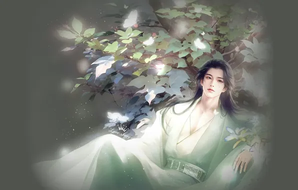 Leaves, tree, guy, Chinese, hanfu