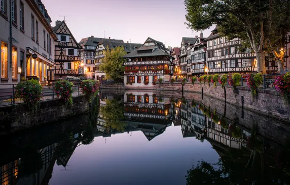 Flowers, reflection, France, building, home, channel, promenade, Strasbourg