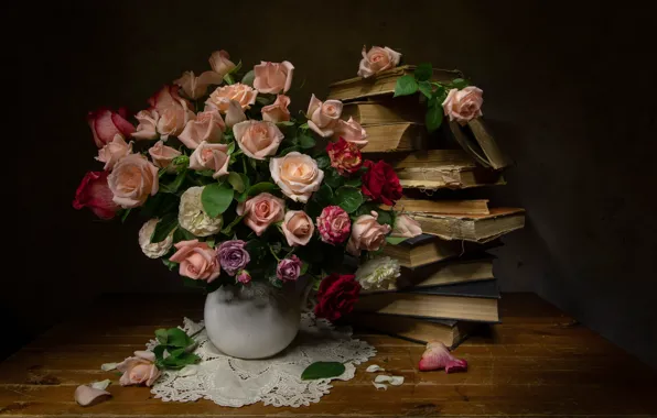 Books, roses, bouquet, still life, Tatiana Fedenkova