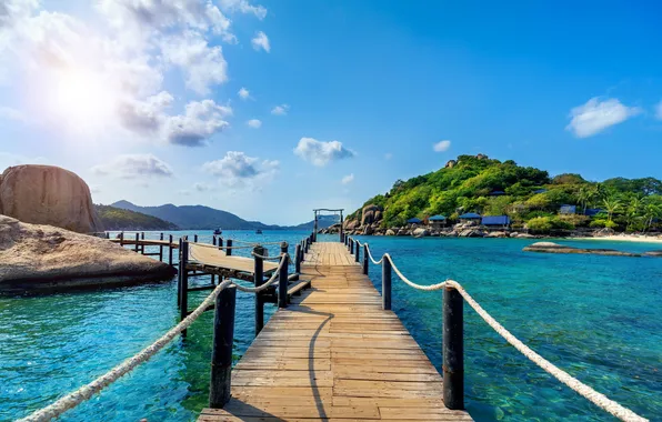 Sea, clouds, tropics, palm trees, beauty, Bridge, Pierce, Thailand