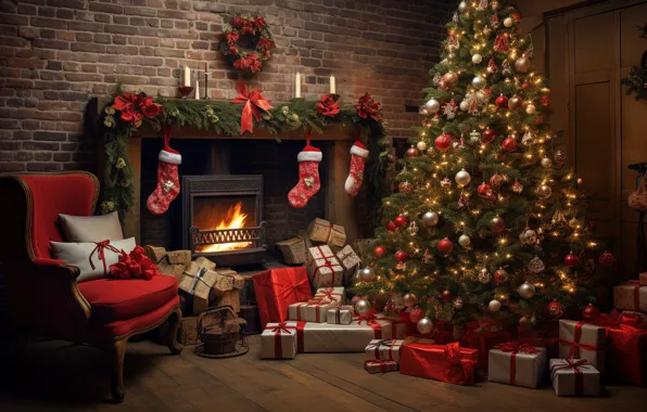 Decoration, room, balls, tree, interior, chair, New Year, Christmas