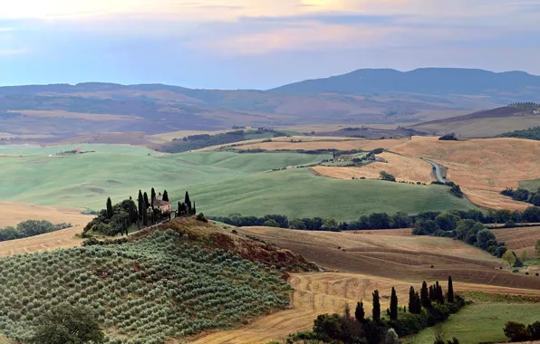 The sky, trees, house, hills, field, Italy, Tuscany, Val d'orcia