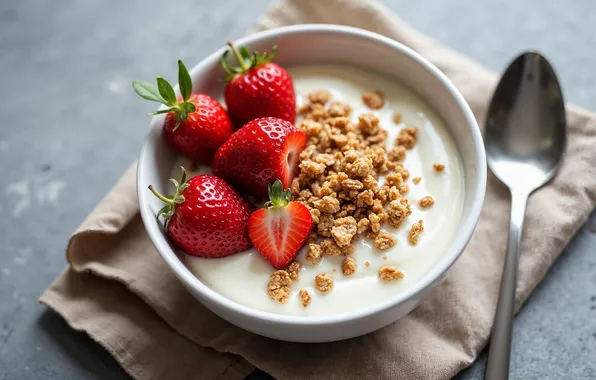 Picture Breakfast, strawberry, spoon, muesli