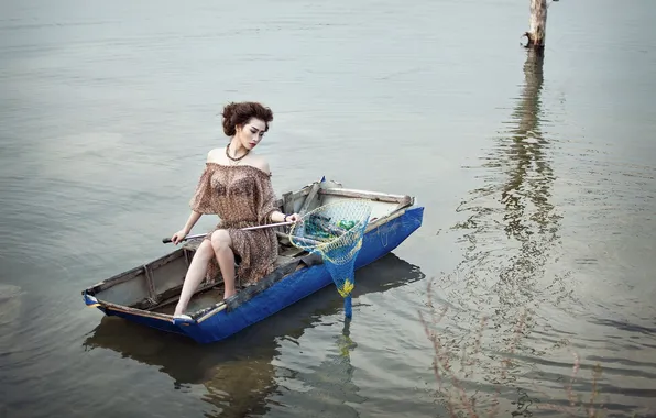 Girl, lake, boat, Model, As Noted