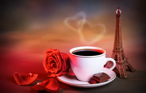 Heart, rose, coffee, chocolate, petals, couples, Cup, figurine