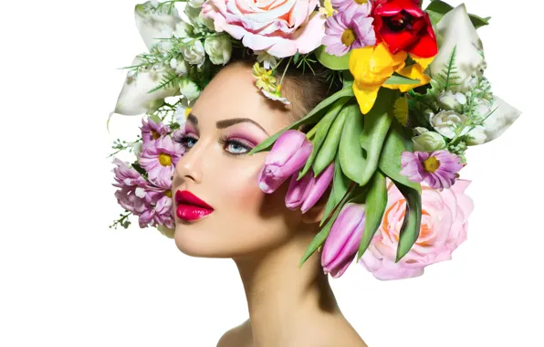 Picture look, girl, flowers, model, hair, spring, makeup, lips
